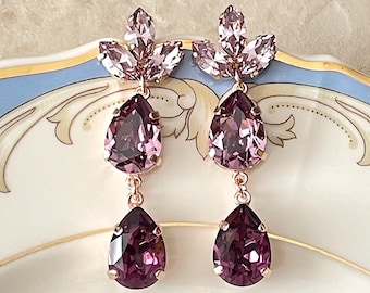 Purple Mauve Ombré crystal earrings, LONG earrings, Plum, marquise and pear cut crystal, Bridal, bridesmaid, old Hollywood, bridesmaid gift