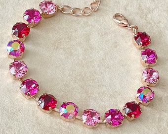 Pink ombré crystal bracelet, bridal bracelet, tennis bracelet, rhinestone bracelet, bridesmaid gift, red, ruby, fuchsia