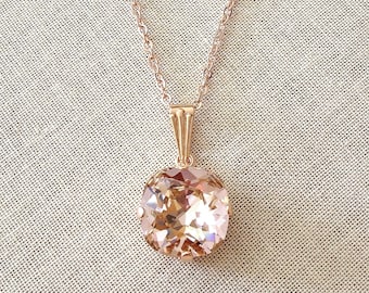 Morganite pink 12mm cushion cut necklace, Swarovski crystal, blush, pink, rose gold, silver, gold, bridal, bridesmaid gift, blush necklace