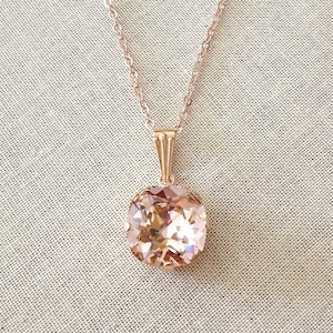 Morganite pink 12mm cushion cut necklace, Swarovski crystal, blush, pink, rose gold, silver, gold, bridal, bridesmaid gift, blush necklace