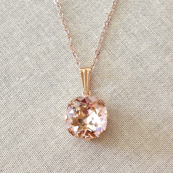 Morganite pink 12mm cushion cut necklace, Swarovski crystal, blush, pink, rose gold, silver, gold, bridal, bridesmaid gift, blush necklace