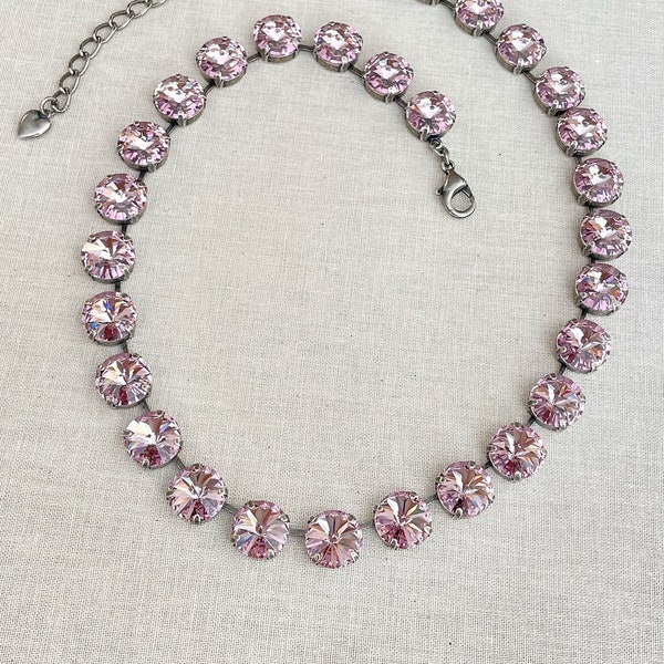 Light mauve 12mm crystal necklace, Swarovski crystal, bridesmaid gift, large statement tennis necklace, collet, riviere, Anna Wintour