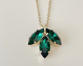 Emerald green crystal Necklace, Gold or Silver, Marquise necklace, crystal leaf necklace, pendant, wedding jewelry, bridesmaid gift, juniper