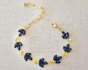 Navy blue crystal bracelet, wedding bracelet, gold, navy blue, delicate, something blue, crystal, bridesmaid gift, blue, dark blue