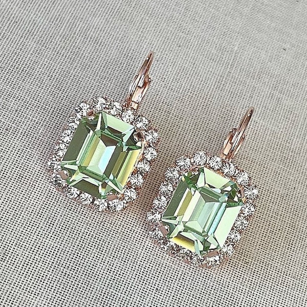 Mint earrings, Swarovski emerald cut crystal halo earrings, pastel green, chrysolite, bridesmaid earrings, bridesmaid gift, green, mint