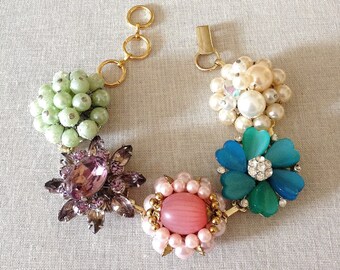 Nature Bracelet Floral Assemblage Cuff Bracelet Pink Purple Mint Green KreatedbyKelly Pastel Flowers Cuff Bracelet Woodland Bracelet