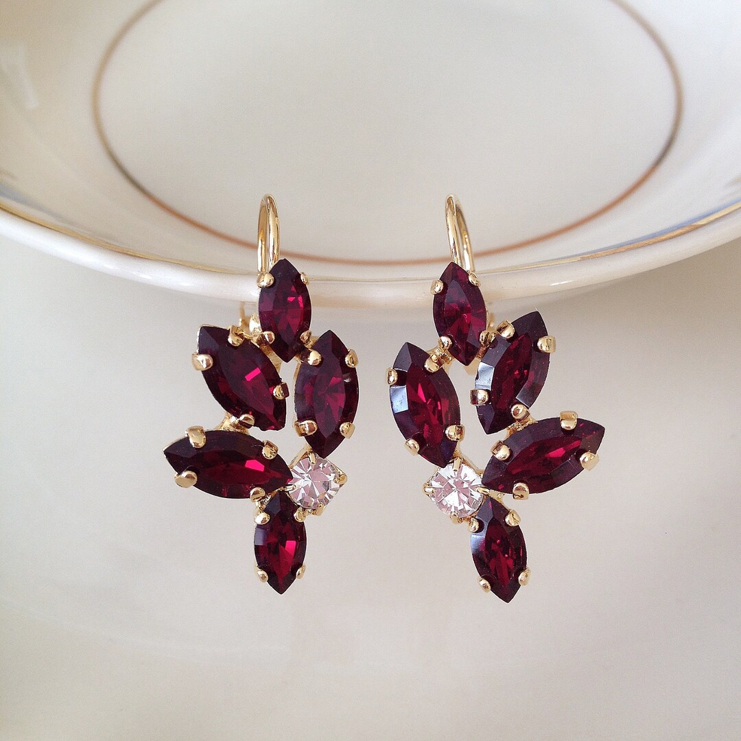 Garnet Red Crystal Earrings, Bridal, Bridesmaid Gift, Marquise Crystal ...