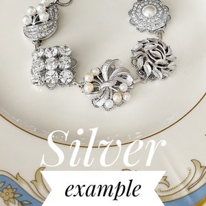 1 Vintage wedding bracelet, gold, pearl, rhinestone, vintage, floral, gold, silver, repurposed jewelry, vintage cluster earring bracelet image 8