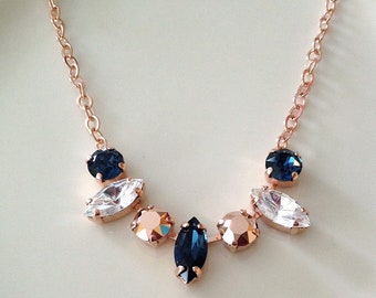Crystal necklace, navy blue, rose gold, wedding jewelry, wedding necklace, bridal, bridesmaid gift, crystal leaf, gift