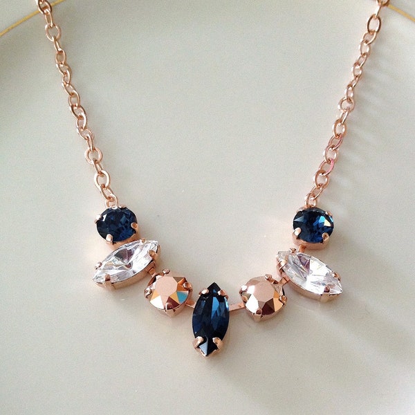 Crystal necklace, navy blue, rose gold, wedding jewelry, wedding necklace, bridal, bridesmaid gift, crystal leaf, gift