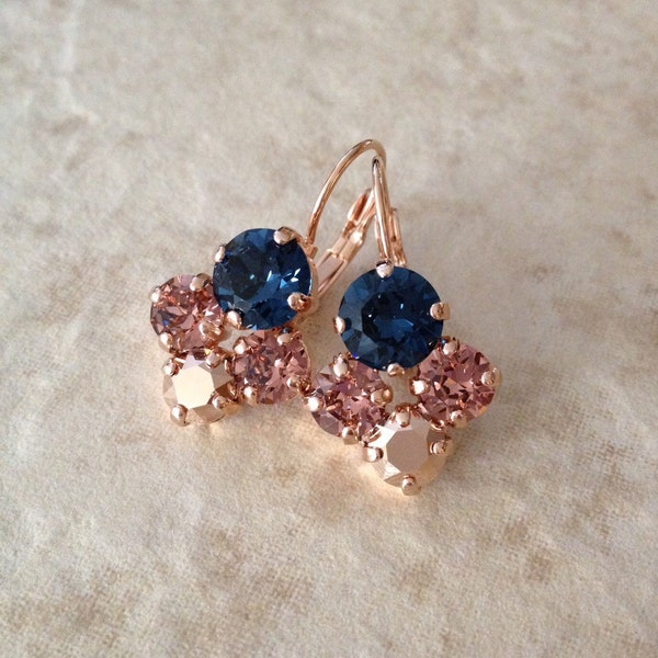 Navy blue, rose gold, french rose, crystal cluster drop earrings, crystal cluster earring, wedding jewelry, bridesmaid gift, pierced, blue