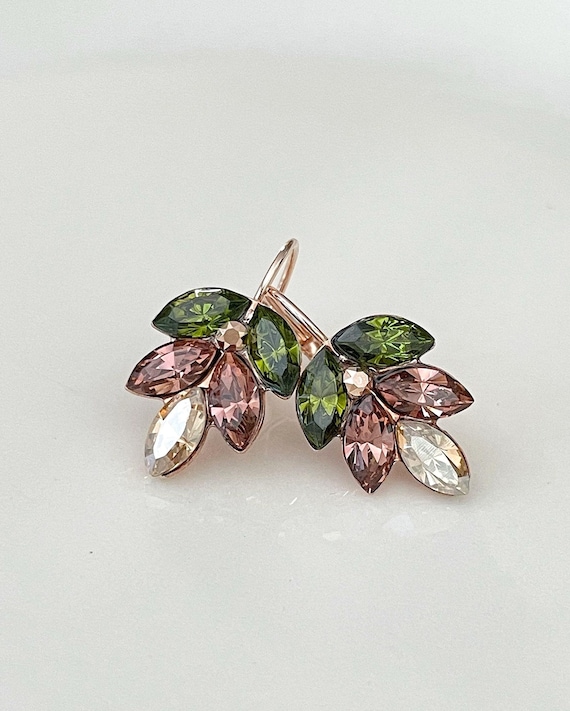 Swarovski crystal leaf earrings, Autumn earrings, Olive, light Burgundy, champagne, bridesmaid gift, Fall Autumn wedding, burgundy, green