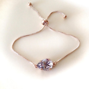 Dusty pale purple pear cut crystal bracelet, rose gold, crystal, tear drop, pear, bridal jewelry, lilac gray, simple, minimalist