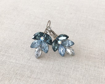 Dusty blue ombré crystal leaf earrings, something old, something blue, rhinestone earrings, bridesmaid gift, crystal leaf earring, blue crew