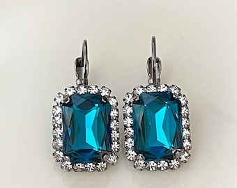 Rich teal blue halo earrings, something blue bridal earrings, wedding jewelry, bridesmaid gift, gold, emerald cut octagons