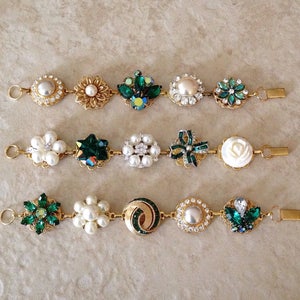 1 Emerald green gold pearl vintage wedding bracelets, bridesmaids gift, vintage wedding, something old, bridal, vintage earring bracelet