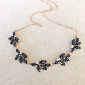 Navy blue crystal necklace, bridal jewelry, bridal, something blue, bridesmaid gift, wedding necklace, linked necklace, delicate