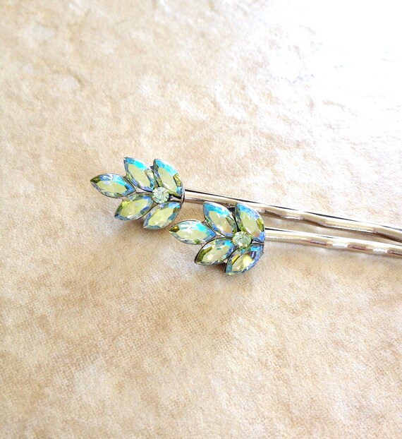 Green and Silver Crystal Leaf Hair Pins for Women Amazon.com : Brihasory Emerald Green Rhinestone Hair Pins  main image 2