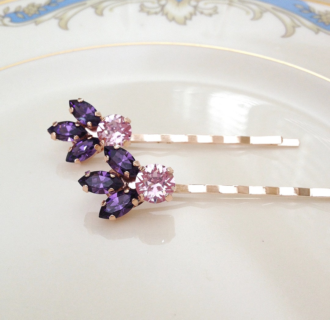 Eggplant Purple Crystal Hair Pins, Eggplant, Crystal Leaf, Bridal Hair