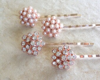 Rose gold pearl hair pins, pair, bobby pins, hair jewelry, wedding, hair slide, bridesmaid, gift, bridal, flower, floral, pearl, gift