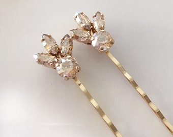 Champagne crystal hair pins, bobby pins, crytal leaf, bridal hair accessories, bridesmaid gift, bobby pins, rhinestone