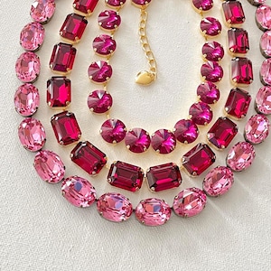 Pink and Red layering necklaces, 18x13mm Rose oval, 12mm Fuchsia round 18x13mm Ruby emerald cut octagon crystal necklace, Anna Wintour style