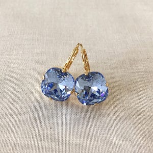 Swarovski 10mm or 12mm Light blue cushion cut crystal earrings, something blue bridal earrings, lever back, rhinestone drops, blue