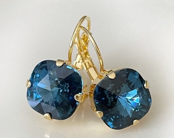 Swarovski Navy blue cushion cut crystal drop earrings, 12mm or 10mm, bridal, something blue, dangle and drop earrings, blue, dark blue