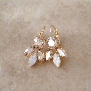 Champagne white Opal crystal marquise drop earrings, crystal leaf earring, Bridal, wedding jewelry, bridesmaid gift, white, gold