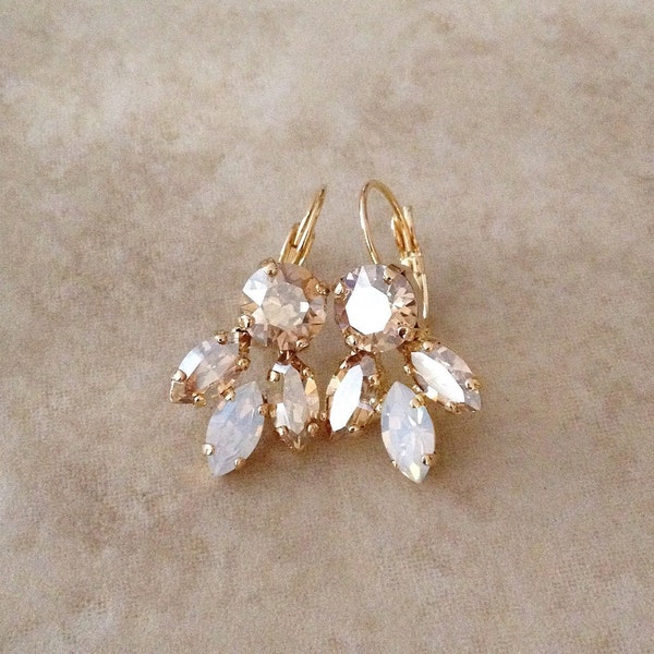 Champagne white Opal crystal marquise drop earrings, crystal leaf earring, Bridal, wedding jewelry, bridesmaid gift, white, gold