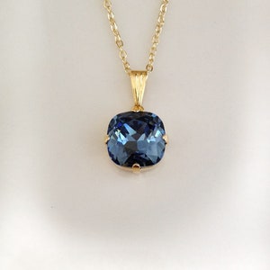 Denim blue cushion cut crystal necklace, navy blue, gold, rose gold, silver, bridal, bridesmaid gift, something blue necklace