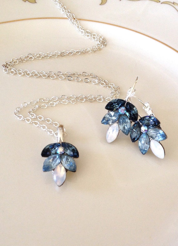 Set Steel blue light sapphire blue white opal earrings and necklace set ombre something old something blue slate blue bridesmaid gift