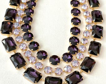 Eggplant purple, large crystal, Swarovski Violet Moonlight small round, statement necklace, Anna Wintour, collet riviere, amethyst