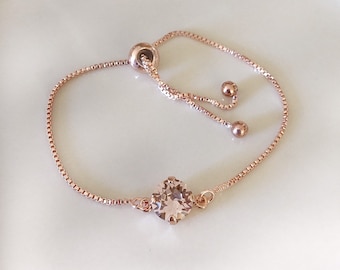 Morganite pink crystal bracelet, Swarovski crystal, blush, slide, bolo, pink, adjustable, bridesmaid gift, bridal bracelet, solitaire