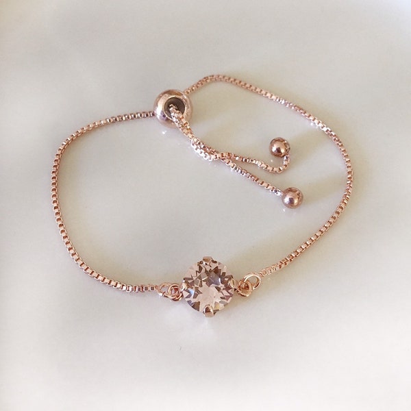 Morganite pink crystal bracelet, Swarovski crystal, blush, slide, bolo, pink, adjustable, bridesmaid gift, bridal bracelet, solitaire