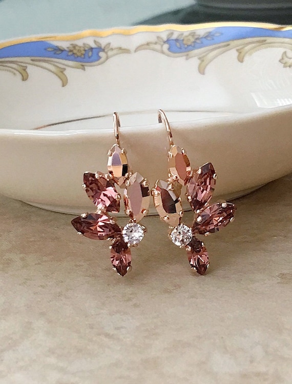 Rose Gold Light Burgundy Crystal Leaf Earrings Wedding Earrings