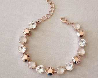 Ivory cream, rose gold, crystal tennis bracelet, Bridal jewelry, bridesmaid gift, old Hollywood, bridesmaid gift