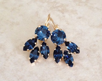 Navy blue crystal earrings, crystal leaf earrings, rhinestone leaf earrings, bridesmaid gift, something blue, blue