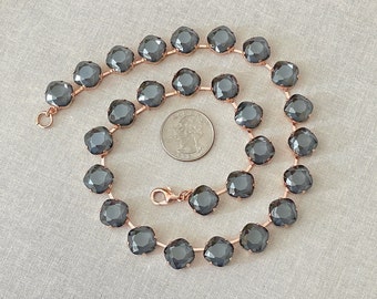 12mm charcoal gray necklace, 12mm cushion cut crystals, rounded square, bridesmaid gift, statement tennis necklace, collet, riviere, Wintour