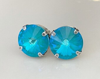 Teal earrings, 12mm round Swarovski Laguna DeLite crystals, Clip On OR Post rhinestone earrings, bridal earrings, simple, something blue