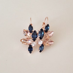 Navy blue and Blush earrings, drop earrings, marquise crystal leaf earrings, something blue, bridal earrings, bridesmaid gift, blue