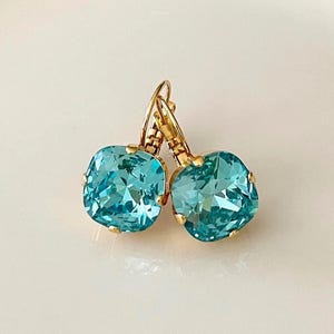 Swarovski 12mm Light Turquoise cushion cut crystal earrings, something blue, bridal earrings, lever back, bridesmaid gift, teal blue