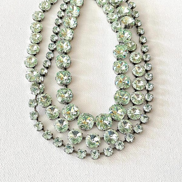 Swarovski pale mint green necklaces, Anna Wintour collet, 12mm cushion cut, 10mm round, 6mm round, layering necklaces, stacking necklaces