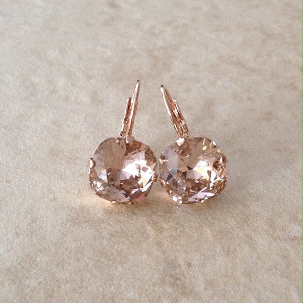 Morganite pink 10mm cushion cut Swarovski crystal earrings, blush, pink, rose gold, leverback, rhinestone drop, blush bridal earrings
