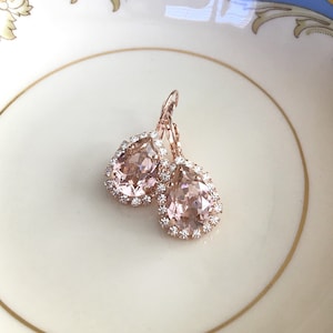 Morganite pink pear drop halo earrings, morganite, halo, rhinestone drops, tear drop, pear, vintage wedding, ballet pink, pale pink