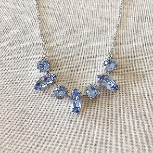 Something blue crystal necklace, wedding jewelry, wedding necklace, bridal, bridesmaid gift, crystal leaf, light blue, pale blue, dusty