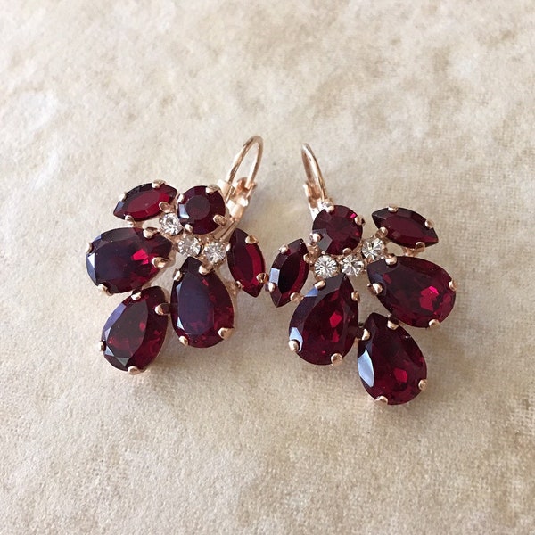 Garnet crystal rhinestone chandelier earrings, crystal earrings, drop, chandelier, bridal earrings, bridesmaid gift, red, January birthstone