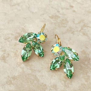 Swarovski Peridot green marquise crystal cluster drop earrings, Crystal drops, bridal, rhinestone marquise drop earrings, light green, green