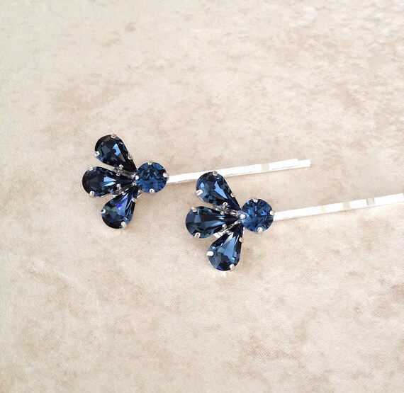 Navy Blue Crystal Hair Pins Set Pair Hair Accessory Etsy
