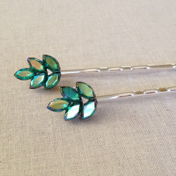 Emerald crystal leaf, bobby pin, jewelry, emerald, green, silver gold, something old, vintage wedding, hair slide, bridesmaid gift, hair pin